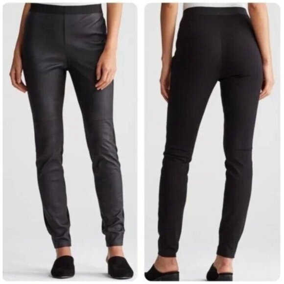 Eileen Fisher Women’s Black Pants Small Size Leather Front Pull On Stretch - Picture 1 of 12